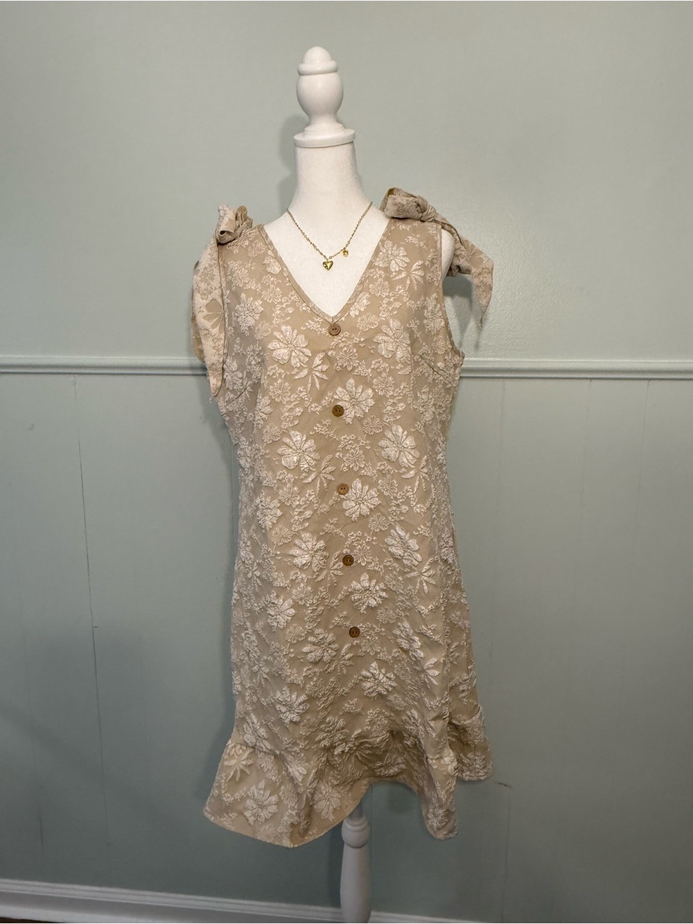 Beige Floral Tie-Shoulder Linen Blend Dress Size L